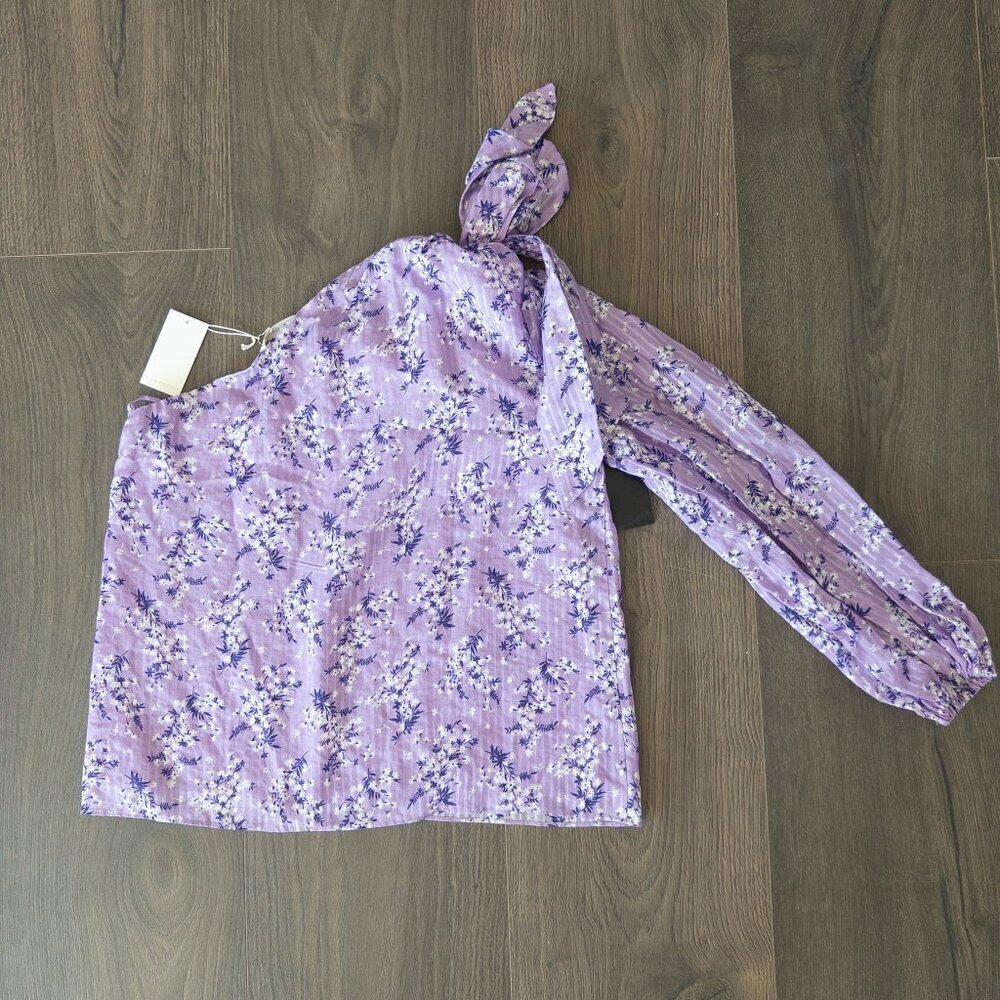 NWT Ulla Johnson Enid Lilac Purple Floral One Shoulder Bow Top Blouse, Size 0 - Picture 9 of 9